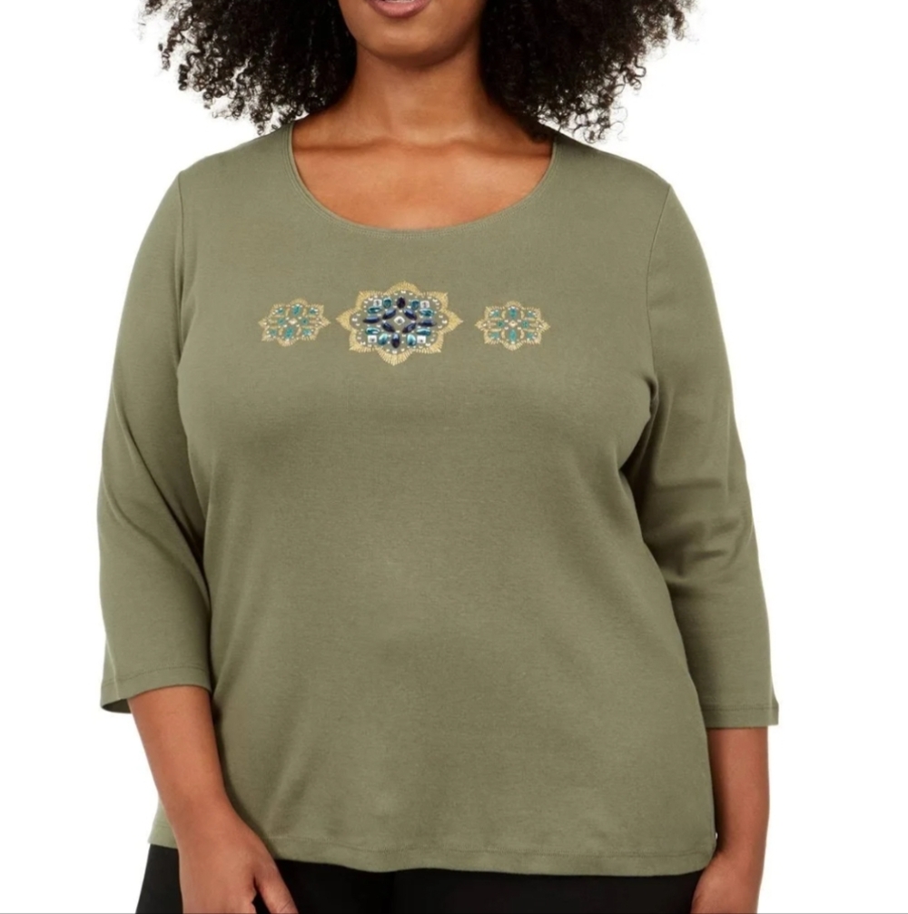 Karen Scott 2X Olive Embellished Blouse NWT